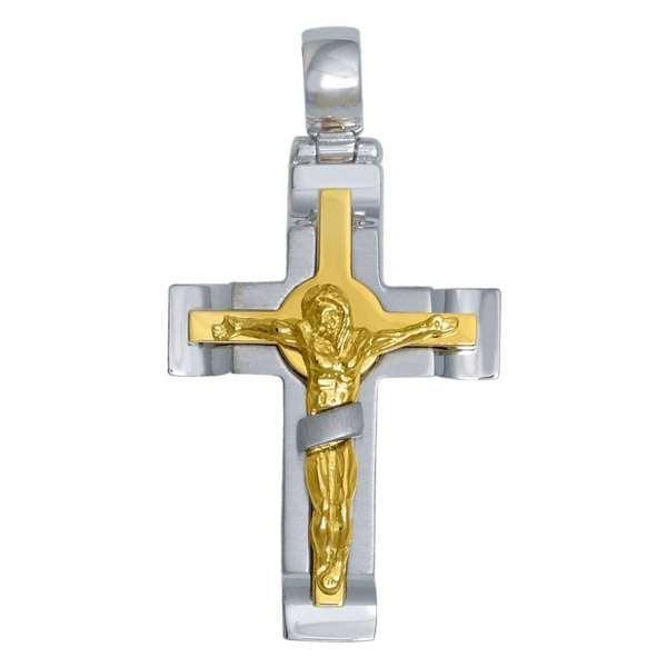14K, 18K White Gold Fancy Religious Italian Cross with Yellow Gold Crucifix