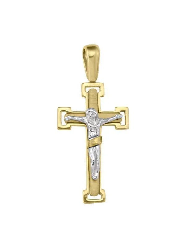14K, 18K Yellow Gold Fancy Religious Italian Cross with White Gold Crucifix