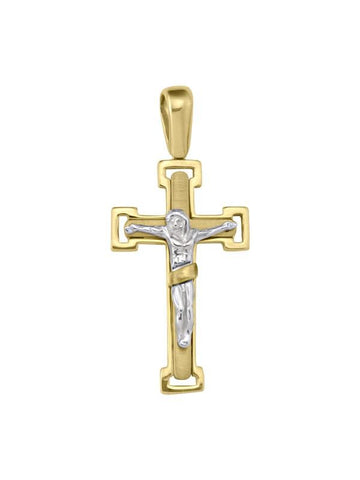 14k, 18k Yellow Gold Fancy Religious Italian Cross with White Gold Crucifix
