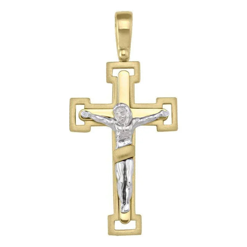 14K, 18K Yellow Gold Fancy Religious Italian Cross with White Gold Crucifix