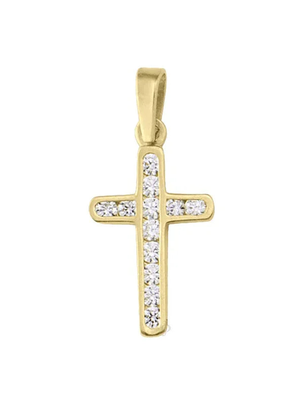 18K Yellow Gold Religious Classic Italian Cross With CZ Stone