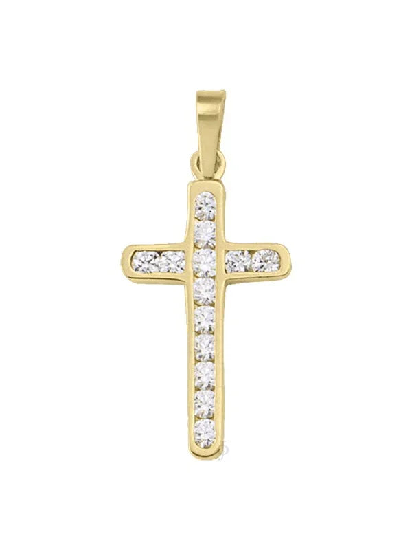 18K Yellow Gold Small Religious Classic Italian Cross With CZ Stone