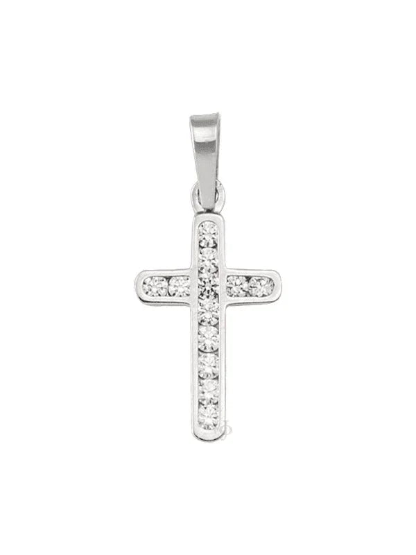 18K White Gold Small Religious Classic Italian Cross With CZ Stone