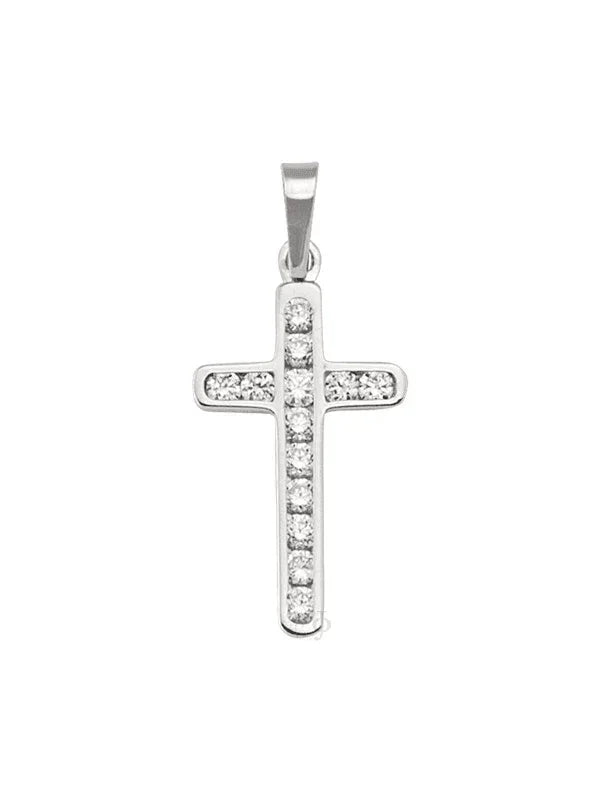 18K White Gold Religious Classic Italian Cross With CZ Stone
