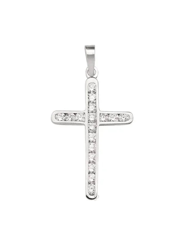 18K White Gold Religious Classic Italian Cross With CZ Stone