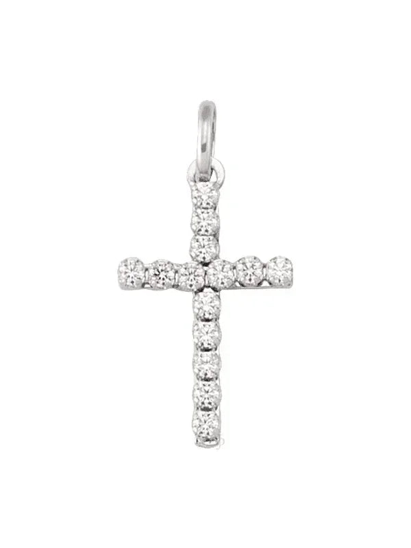 18 Karat White Gold Religious Classic Italian Cross With CZ Stone