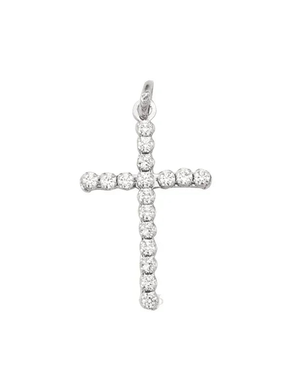 18 Karat White Gold Religious Classic Italian Cross With CZ Stone