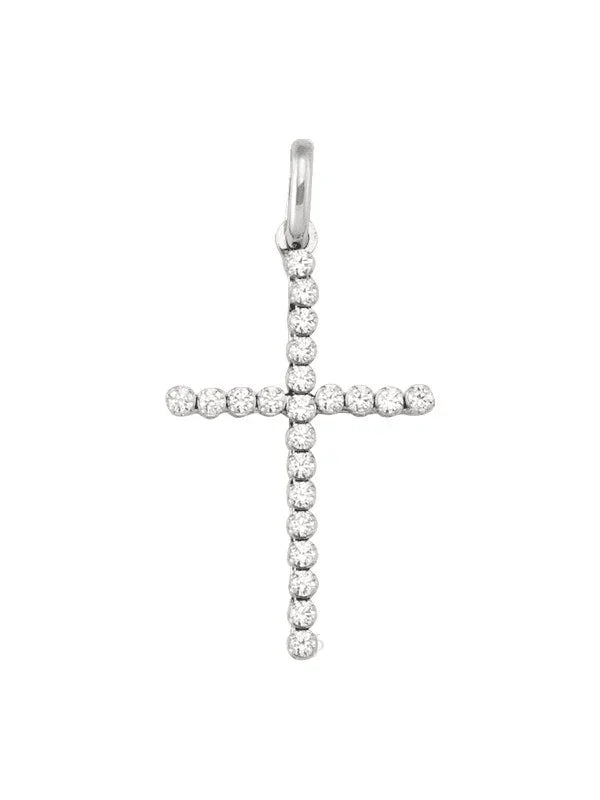 18 Karat White Gold Religious Classic Italian Cross With CZ Stone